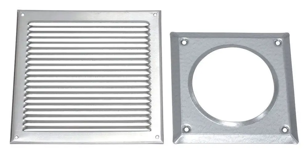 Metallisches Basis-Anschluss-Set mit einem rechteckigen und einem runden Element für die Luftansaugung, geeignet für Vaillant-Systeme.